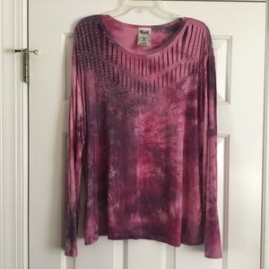 VOCAL pink rhinestone slit long sleeve tee L